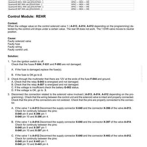 May include: A technical document titled "Electrical systems - FAULT CODES" with troubleshooting steps for a "Rear remote no.1 - under voltage" issue. Includes diagrams, component checks, and voltage tests for automotive electrical systems.