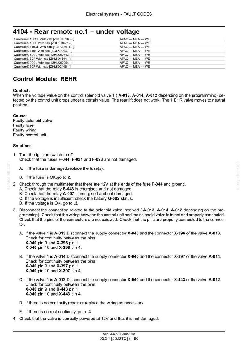 May include: A technical document titled "Electrical systems - FAULT CODES" with troubleshooting steps for a "Rear remote no.1 - under voltage" issue. Includes diagrams, component checks, and voltage tests for automotive electrical systems.