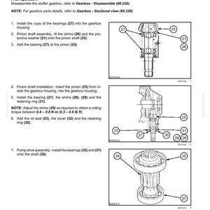 May include: Diagram of a gearbox assembly with labeled parts, including bearings, shims, and retaining rings. Instructions detail the assembly process, with measurements in lb ft. The image is a technical illustration for mechanical applications.