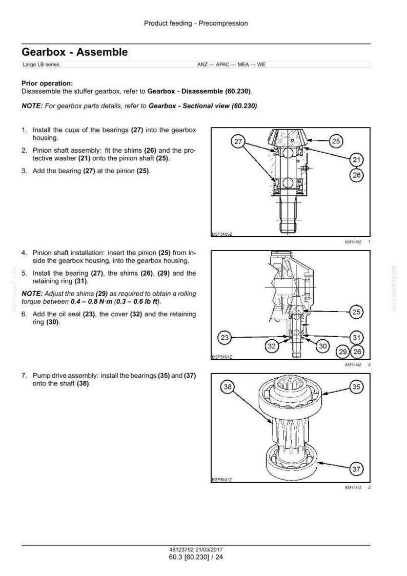 May include: Diagram of a gearbox assembly with labeled parts, including bearings, shims, and retaining rings. Instructions detail the assembly process, with measurements in lb ft. The image is a technical illustration for mechanical applications.