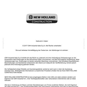 May include: A document with the "NEW HOLLAND CONSTRUCTION" logo, a black and white oval design. The document includes text in multiple languages, including English and German, and copyright information.