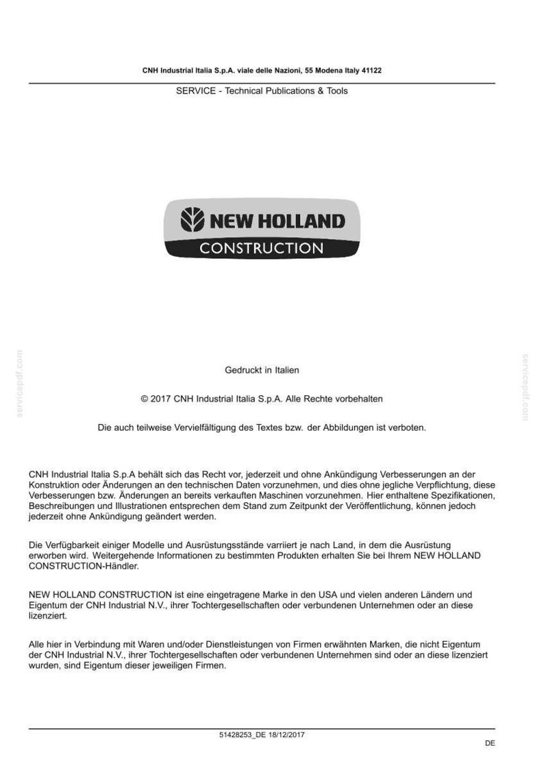 May include: A document with the "NEW HOLLAND CONSTRUCTION" logo, a black and white oval design. The document includes text in multiple languages, including English and German, and copyright information.