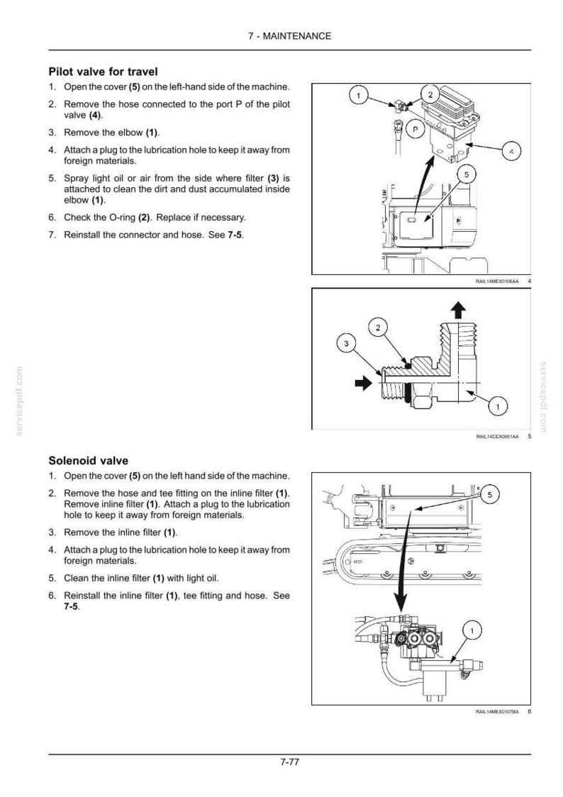 May include: Diagram of a machine maintenance guide, with instructions for pilot and solenoid valve procedures. Includes numbered steps and illustrations of components like elbows, filters, and O-rings. Text includes "7 - MAINTENANCE".