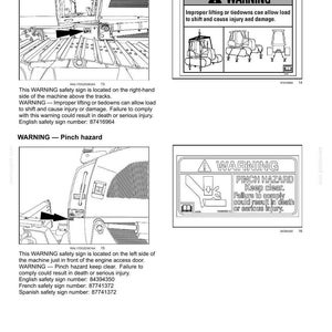 Peut inclure: Page d'informations de s&eacute;curit&eacute; avec deux panneaux d'avertissement. L'un met en garde contre un risque d'&eacute;crasement, l'autre contre un risque de pincement. Les panneaux comprennent des sch&eacute;mas et du texte en anglais, avec des num&eacute;ros de signalisation de s&eacute;curit&eacute;.