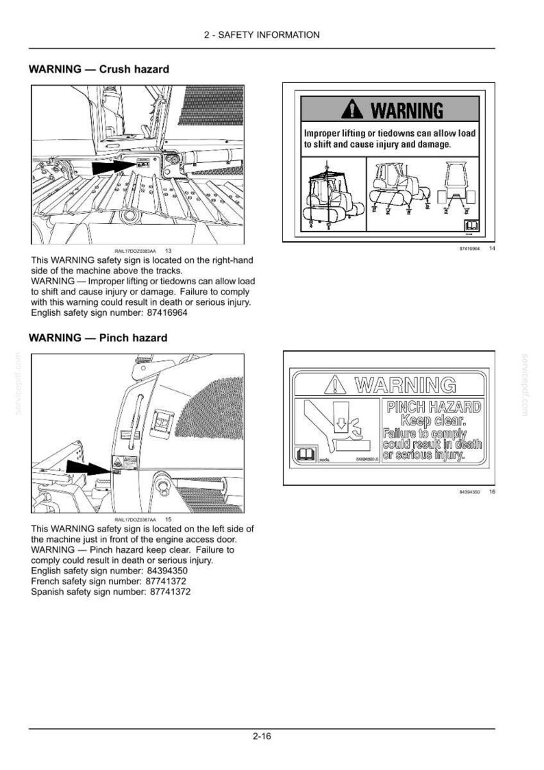 Peut inclure: Page d'informations de s&eacute;curit&eacute; avec deux panneaux d'avertissement. L'un met en garde contre un risque d'&eacute;crasement, l'autre contre un risque de pincement. Les panneaux comprennent des sch&eacute;mas et du texte en anglais, avec des num&eacute;ros de signalisation de s&eacute;curit&eacute;.