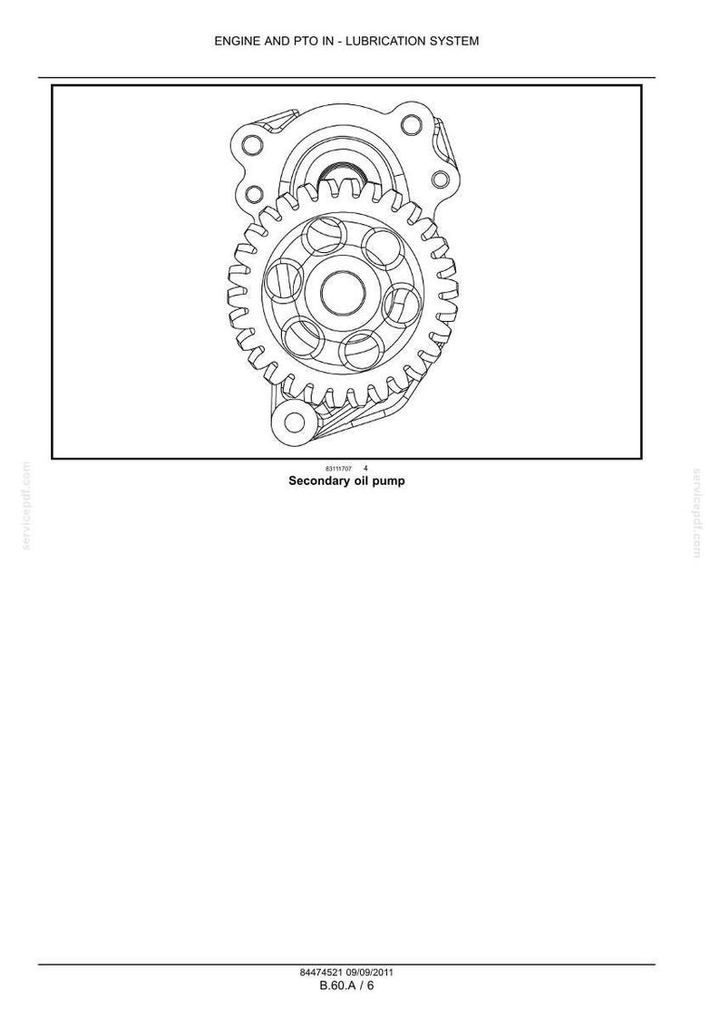 May include: Technical diagram of a secondary oil pump, part of an engine lubrication system. The diagram is a black and white line drawing, showing the pump's internal components, including gears and housing. Text at the top reads "ENGINE AND PTO IN - LUBRICATION SYSTEM".