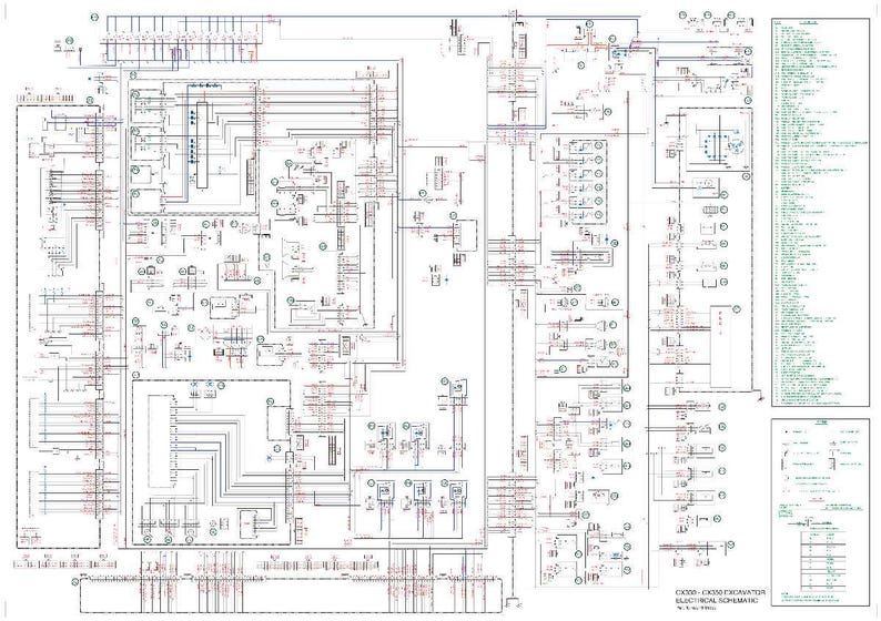 Może przedstawiać: Szczeg&oacute;łowy schemat elektryczny dla koparki CX210B. Schemat jest złożony, z licznymi liniami, symbolami i adnotacjami tekstowymi w kolorze czarnym, czerwonym i zielonym. Widoczny jest tytuł "CX210B EXCAVATOR ELECTRICAL SCHEMATIC".