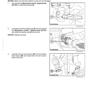 May include: Diagram of steering housing assembly with numbered steps and illustrations. Includes instructions for installing bushings, sealing rings, and thrust blocks. Text includes "Steering housing - Assemble" and "Mechanical control - Special tools".