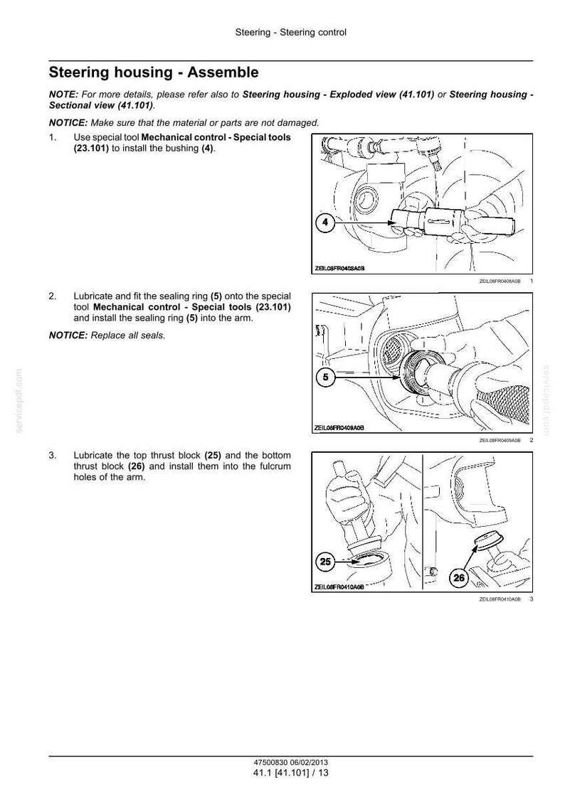 May include: Diagram of steering housing assembly with numbered steps and illustrations. Includes instructions for installing bushings, sealing rings, and thrust blocks. Text includes "Steering housing - Assemble" and "Mechanical control - Special tools".