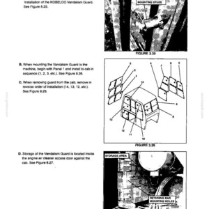 Op de afbeelding: Een technische handleidingpagina getiteld Section VIII- OPTIONAL EQUIPMENT, met details over de installatie van een KOBELCO Mark IV SK270LC Vandalism Guard. Het bevat diagrammen met montagestiften, een genummerde installatievolgorde en opslagruimte.