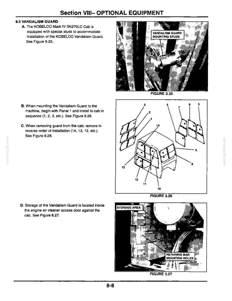 Op de afbeelding: Een technische handleidingpagina getiteld Section VIII- OPTIONAL EQUIPMENT, met details over de installatie van een KOBELCO Mark IV SK270LC Vandalism Guard. Het bevat diagrammen met montagestiften, een genummerde installatievolgorde en opslagruimte.