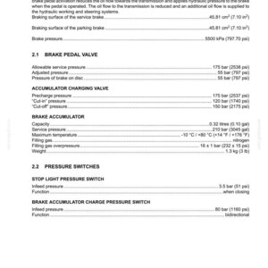 Puede incluir: Documento de especificaciones t&eacute;cnicas para un sistema de frenos, con medidas en cm, kg y litros. Incluye especificaciones para la v&aacute;lvula del pedal de freno, la v&aacute;lvula de carga del acumulador y los presostatos. Fondo blanco.
