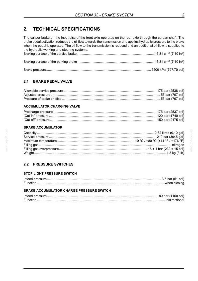 Puede incluir: Documento de especificaciones t&eacute;cnicas para un sistema de frenos, con medidas en cm, kg y litros. Incluye especificaciones para la v&aacute;lvula del pedal de freno, la v&aacute;lvula de carga del acumulador y los presostatos. Fondo blanco.