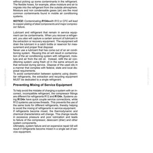 May include: Text from a document about air conditioning contaminants. The document discusses general information, including the impact of moisture and non-condensable gases. It also covers lubricant and refrigerant contamination, and preventing mixing of service equipment.
