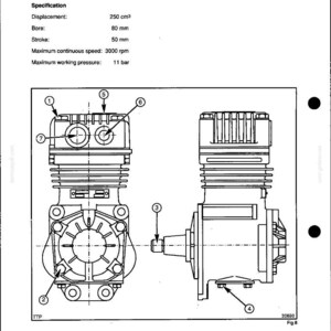 May include: Diagram of a New Holland compressor, labeled "PNEUMATIC SYSTEM" and "COMPRESSOR (Fig. 8)". Specifications include displacement of 250 cm&sup3;, bore of 80 mm, and stroke of 50 mm. The diagram shows two views of the compressor with numbered components.