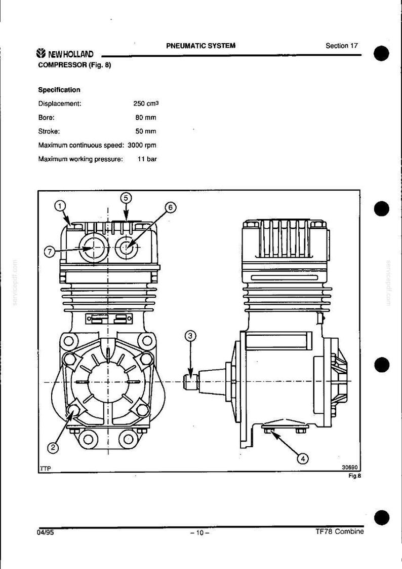 May include: Diagram of a New Holland compressor, labeled "PNEUMATIC SYSTEM" and "COMPRESSOR (Fig. 8)". Specifications include displacement of 250 cm&sup3;, bore of 80 mm, and stroke of 50 mm. The diagram shows two views of the compressor with numbered components.