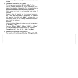 May include: A white document with text detailing the installation of an air-conditioning compressor. Instructions include checking oil quantity, with measurements in cubic inches. The document is for automotive repair.