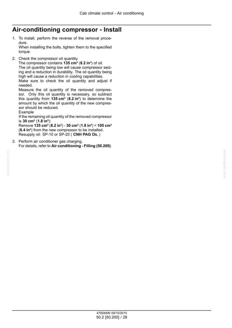 May include: A white document with text detailing the installation of an air-conditioning compressor. Instructions include checking oil quantity, with measurements in cubic inches. The document is for automotive repair.