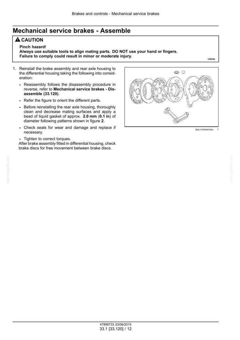May include: Diagram of mechanical service brakes assembly with text instructions. Includes a caution notice about pinch hazards. The diagram shows various brake components and their arrangement for reassembly.