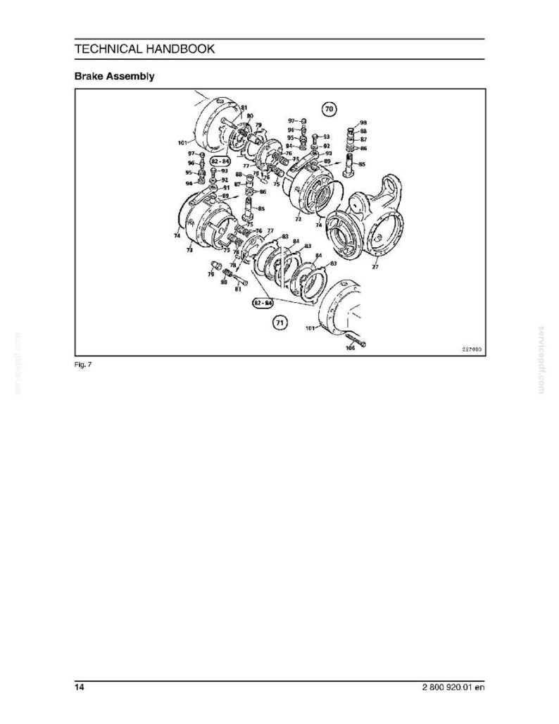 May include: Technical handbook page with a detailed diagram of a brake assembly. The diagram is labeled "Brake Assembly" and includes various components with numbered labels. The image is in black and white.