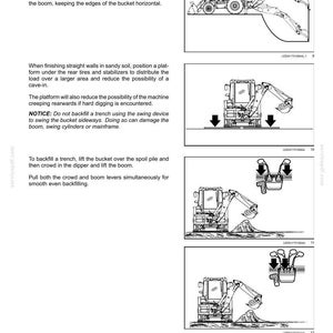May include: A technical manual page titled 6-WORKING OPERATIONS featuring black and white line drawings of a backhoe loader. The diagrams illustrate excavation techniques, including finishing walls, using a platform for stability, and backfilling trenches.