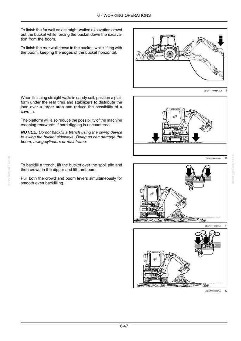 May include: A technical manual page titled 6-WORKING OPERATIONS featuring black and white line drawings of a backhoe loader. The diagrams illustrate excavation techniques, including finishing walls, using a platform for stability, and backfilling trenches.