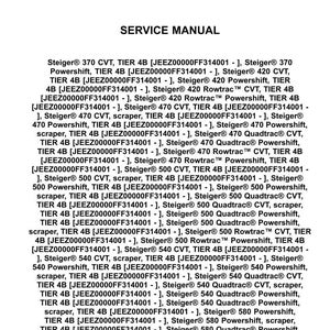 May include: A service manual from Case IH Agriculture. The document lists various Steiger models, including 370 CVT, 420 Powershift, 470 Quadtrac CVT, and 500 Rowtrac Powershift, with their respective TIER 4B specifications.