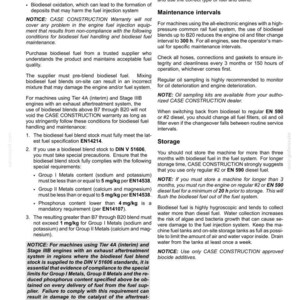 May include: A page from a maintenance manual with text about biodiesel fuel, including specifications, storage, and maintenance intervals. The document provides guidelines for engine care and warranty information.