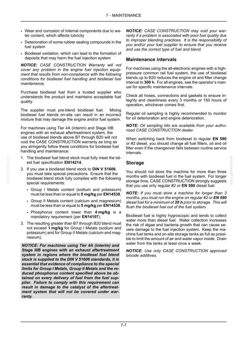 May include: A page from a maintenance manual with text about biodiesel fuel, including specifications, storage, and maintenance intervals. The document provides guidelines for engine care and warranty information.