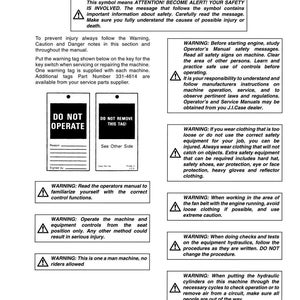 May include: A safety manual page with warnings and instructions. Includes a "Do Not Operate" tag and safety symbols. Text details machine operation, safety precautions, and the importance of following guidelines to prevent injury.