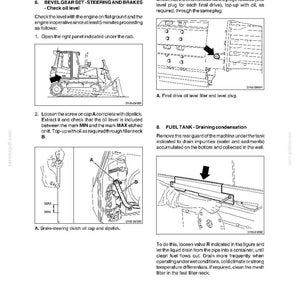 Może przedstawiać: Strona z instrukcji technicznej o tytule DC150.B, szczeg&oacute;łowo opisująca procedury konserwacji ciężkich maszyn. Zawiera schematy sprawdzania poziomu oleju w przekładniach stożkowych i napędach końcowych oraz usuwania kondensatu ze zbiornika paliwa.
