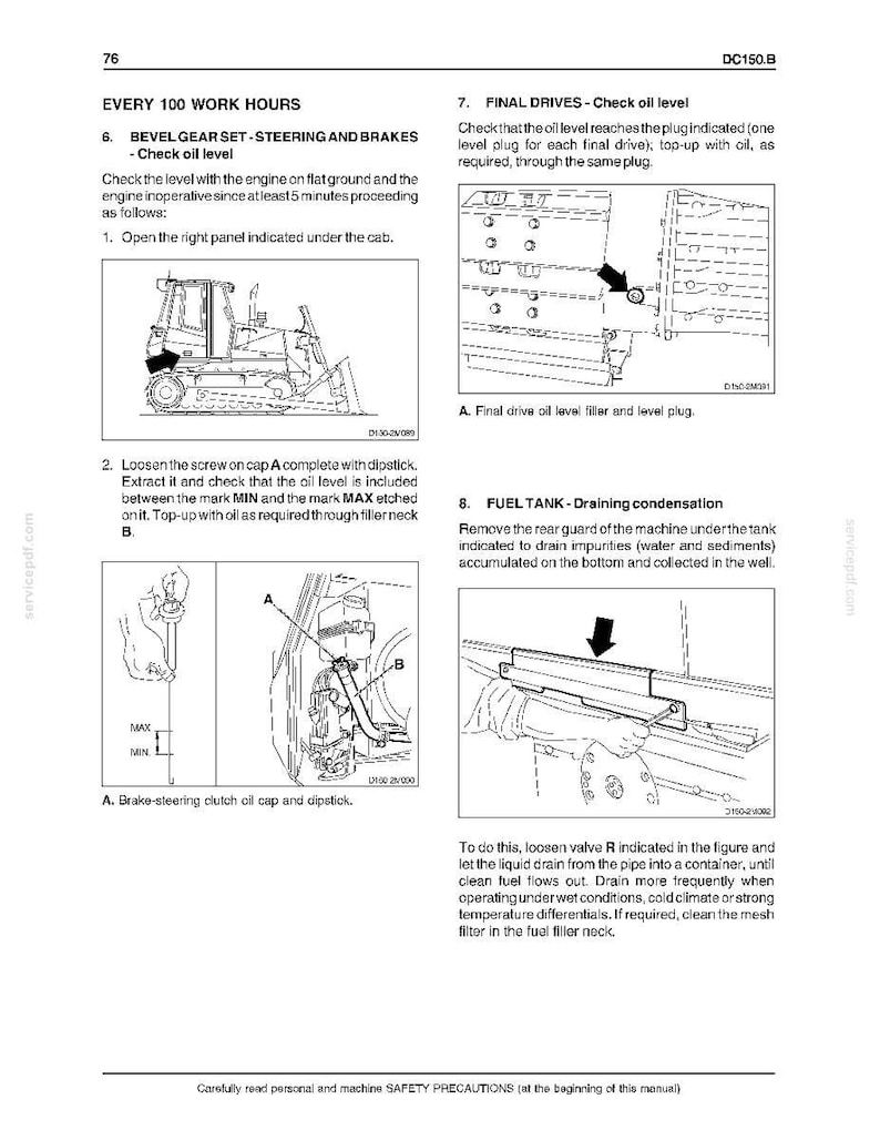 Może przedstawiać: Strona z instrukcji technicznej o tytule DC150.B, szczeg&oacute;łowo opisująca procedury konserwacji ciężkich maszyn. Zawiera schematy sprawdzania poziomu oleju w przekładniach stożkowych i napędach końcowych oraz usuwania kondensatu ze zbiornika paliwa.