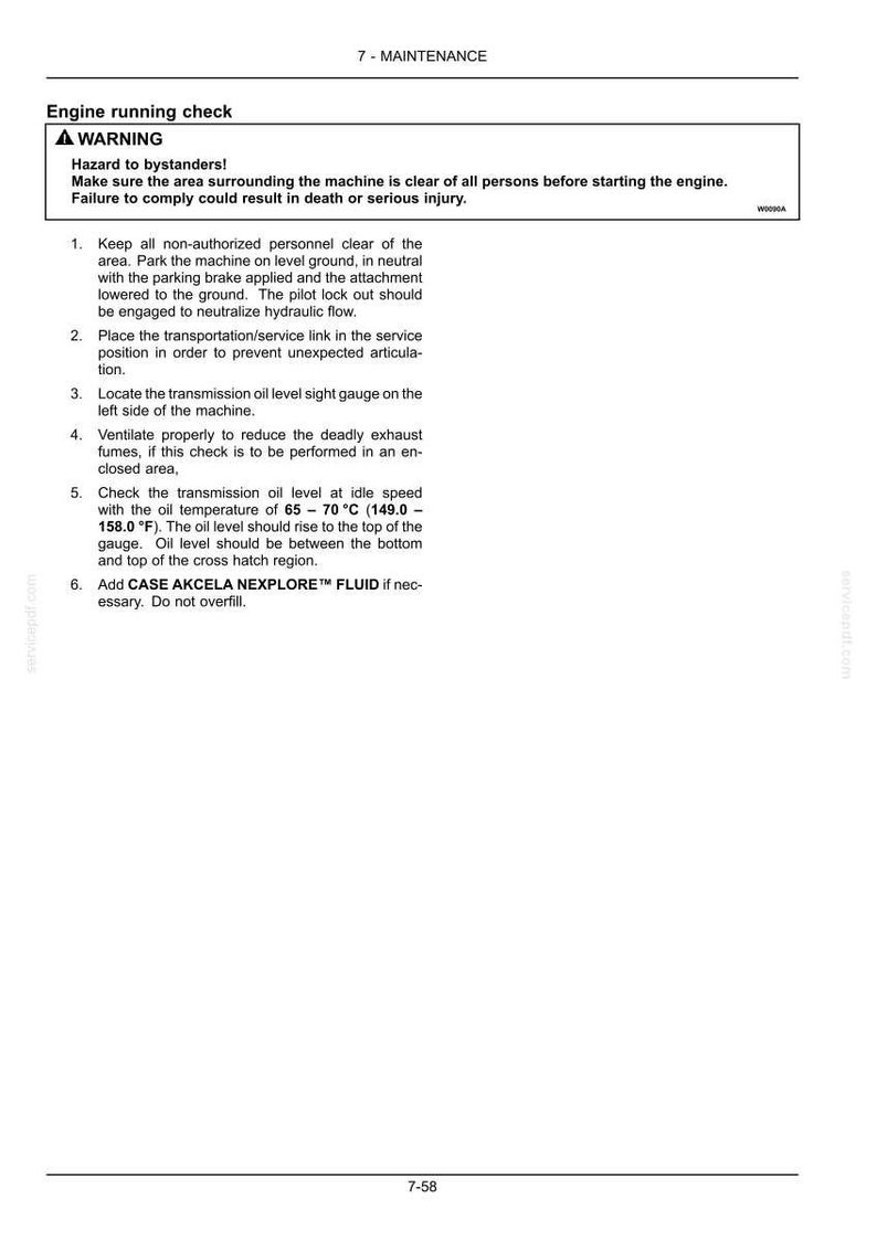May include: A white page with the title "7 - MAINTENANCE" and instructions for an engine running check. The text includes safety warnings and steps for maintenance, such as checking oil levels and ventilation.