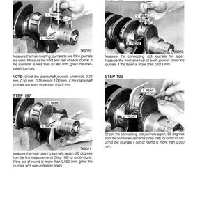 May include: A technical diagram illustrating crankshaft inspection procedures. The image shows close-up views of a crankshaft with labels for front and rear measurements. Text details steps for measuring journals and checking for wear and out-of-round conditions.