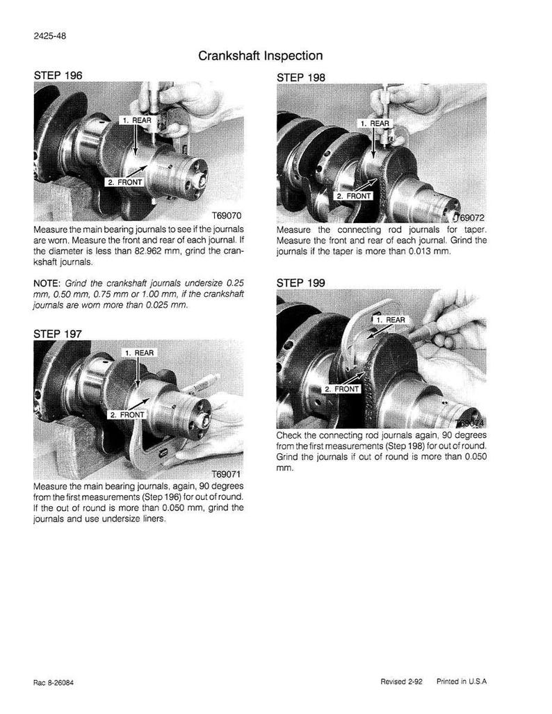 May include: A technical diagram illustrating crankshaft inspection procedures. The image shows close-up views of a crankshaft with labels for front and rear measurements. Text details steps for measuring journals and checking for wear and out-of-round conditions.