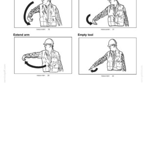 May include: Black and white illustrations demonstrating safety procedures. The images show a person wearing a hard hat and work clothes performing actions such as retracting and extending an arm, and filling and emptying a tool. Text includes "2 - SAFETY INFORMATION".