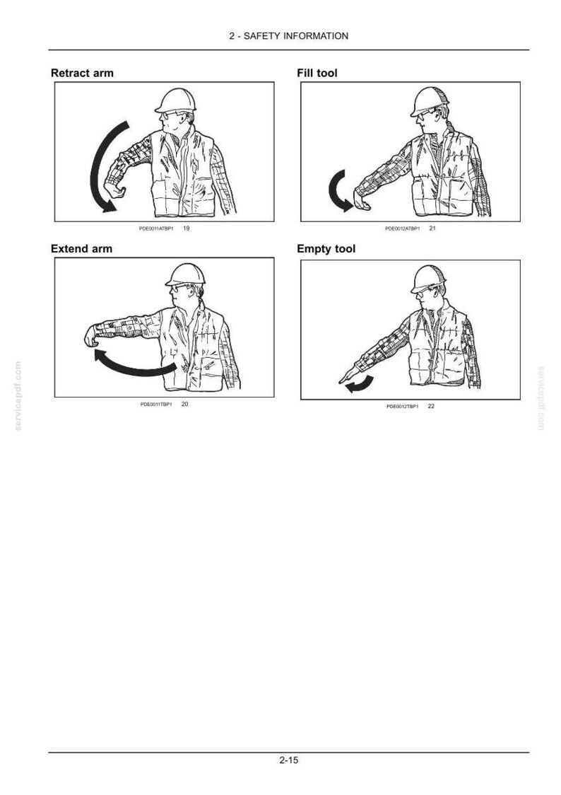 May include: Black and white illustrations demonstrating safety procedures. The images show a person wearing a hard hat and work clothes performing actions such as retracting and extending an arm, and filling and emptying a tool. Text includes "2 - SAFETY INFORMATION".
