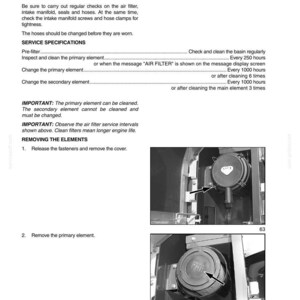 May include: Air filter inspection guide with text and diagrams. Instructions include checking the air filter, intake manifold, seals, and hoses. Diagrams show removing the cover and primary element.