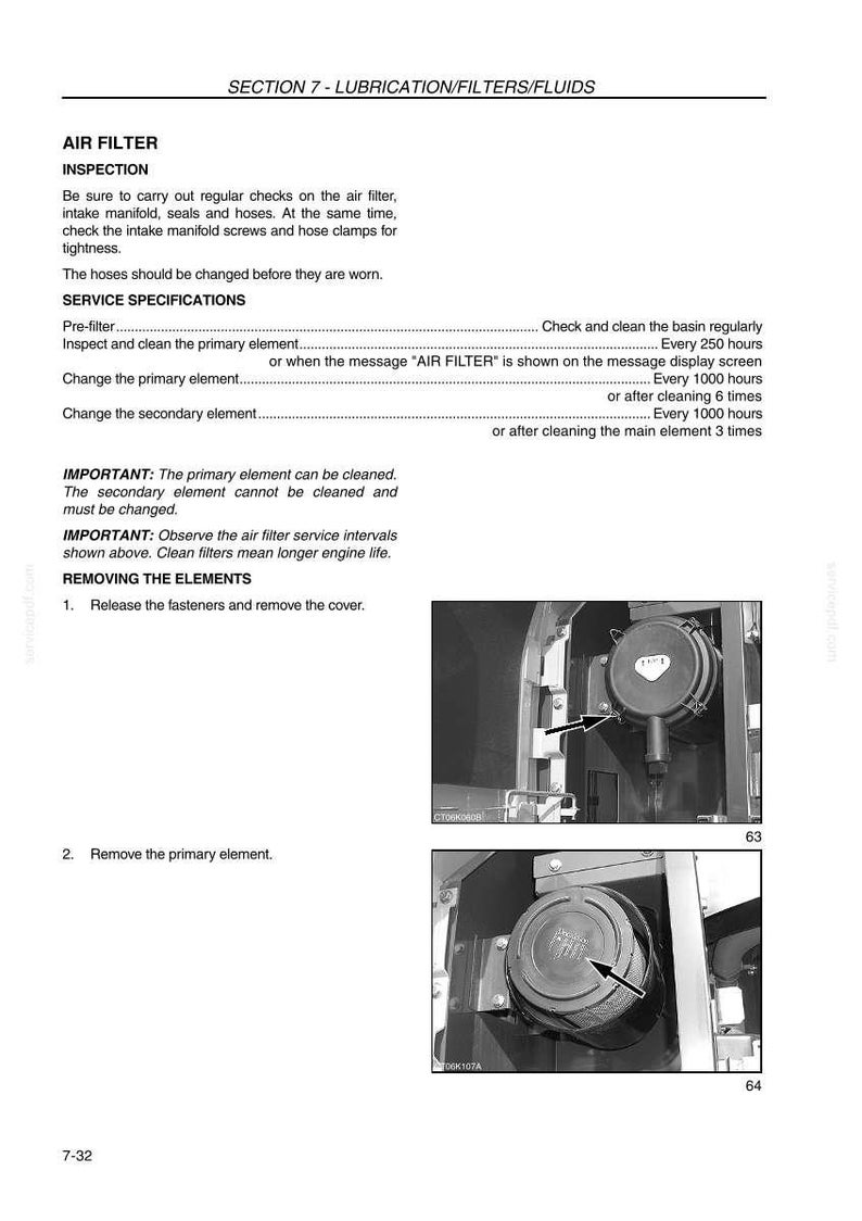 May include: Air filter inspection guide with text and diagrams. Instructions include checking the air filter, intake manifold, seals, and hoses. Diagrams show removing the cover and primary element.