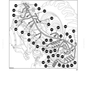 May include: Diagram of a tractor's electrical system, detailing the rear main transmission harness for 120 to 155 models. The image includes labels for various components like C055, C053, C054, and others, with a focus on the full powershift system.