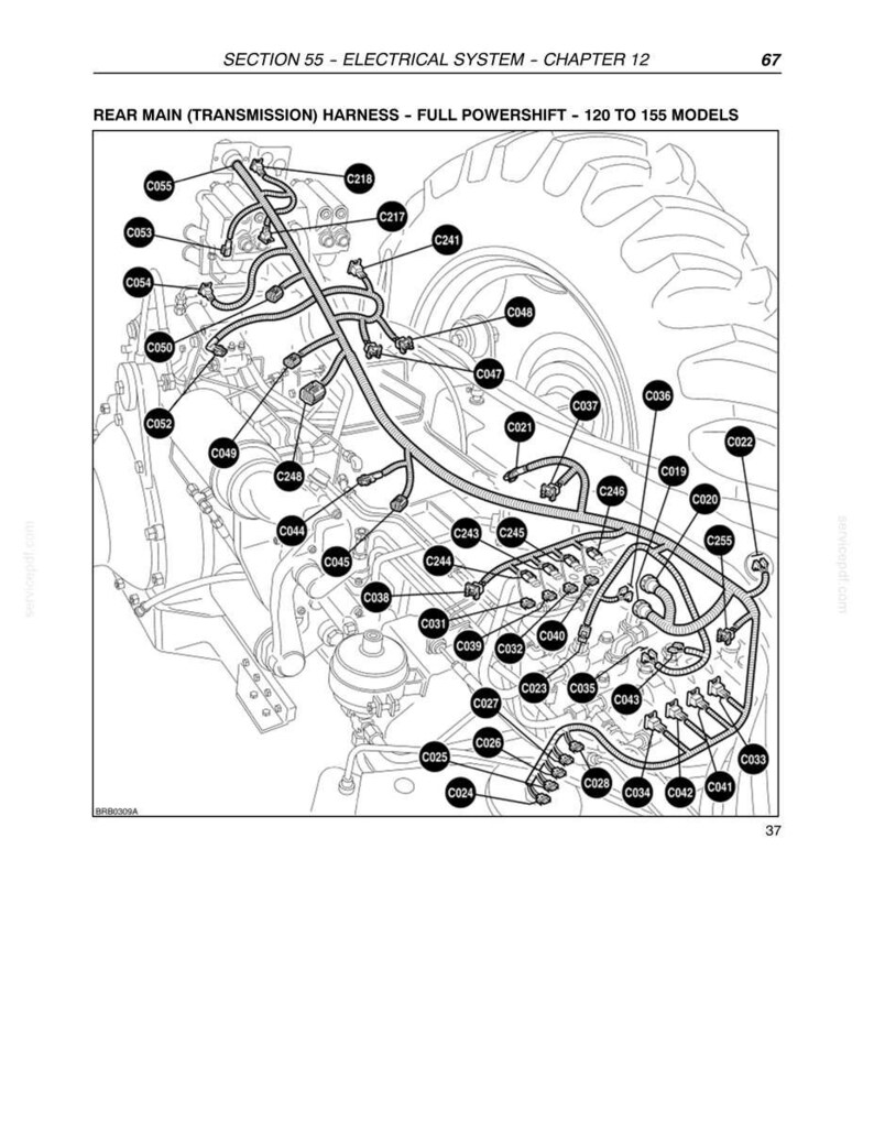 May include: Diagram of a tractor's electrical system, detailing the rear main transmission harness for 120 to 155 models. The image includes labels for various components like C055, C053, C054, and others, with a focus on the full powershift system.