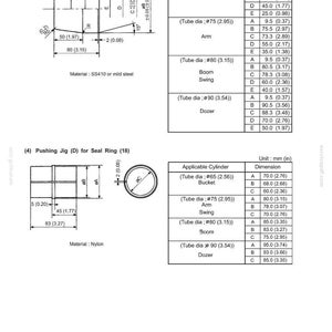 May include: A technical document page titled 32. ATTACHMENTS showing diagrams and dimension tables for a Sliding Jig for Seal Ring and a Pushing Jig for Seal Ring. The tables list specific measurements in millimeters and inches for various cylinders.