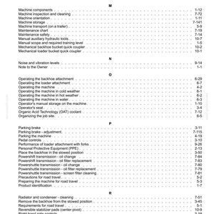 May include: A black and white printed index page from a technical manual, featuring alphabetical headings from M to R. The text lists various machine components, maintenance procedures, and operational instructions with corresponding page numbers.