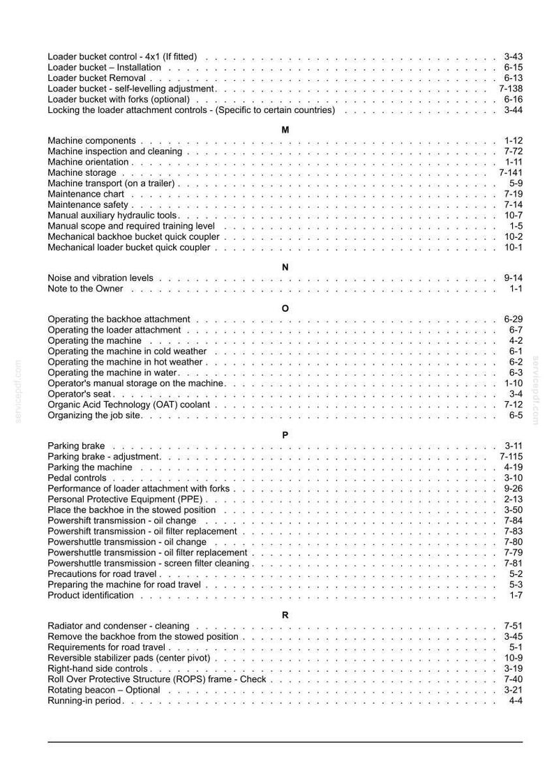 May include: A black and white printed index page from a technical manual, featuring alphabetical headings from M to R. The text lists various machine components, maintenance procedures, and operational instructions with corresponding page numbers.