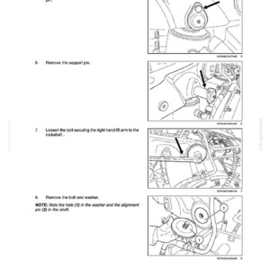 May include: Diagram of a rear hitch assembly with step-by-step instructions. The image includes close-up illustrations of removing bolts, pins, and washers. Text includes "WORKING ARM - HITCH Rear hitch" and numbered steps for disassembly.