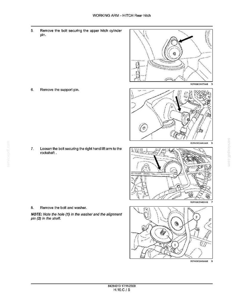 May include: Diagram of a rear hitch assembly with step-by-step instructions. The image includes close-up illustrations of removing bolts, pins, and washers. Text includes "WORKING ARM - HITCH Rear hitch" and numbered steps for disassembly.