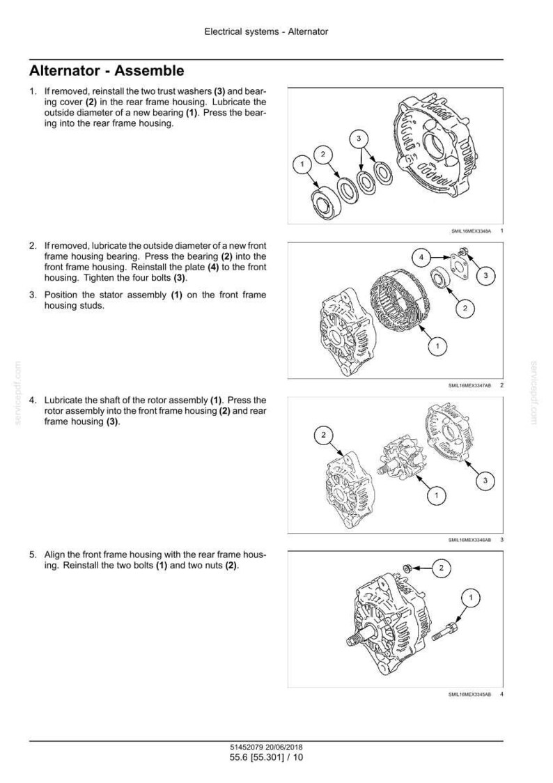 May include: Diagram of an alternator assembly process, with numbered components and labels. The image shows various parts, including washers, bearings, and housings, illustrating the step-by-step assembly instructions.