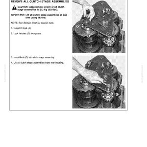 May include: Technical diagram from CASE CORPORATION showing the removal of clutch stage assemblies. The diagram includes step-by-step instructions with illustrations, including installing lift tool (A), locking holders (B), and installing bolt (C). The approximate weight of the assemblies is 600 lbs.