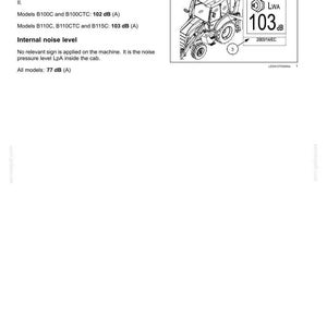 May include: A technical document page titled 2-SAFETY INFORMATION detailing noise level specifications for machinery. It includes text regarding external and internal noise levels in dB(A) and a line drawing of a tractor with a 103 dB LWA label.
