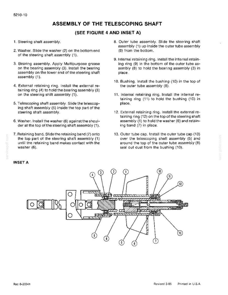 May include: Diagram of a telescoping shaft assembly with numbered parts and labels. The diagram includes an inset labeled "A" with a detailed cross-section of the assembly. Text includes instructions for assembly.